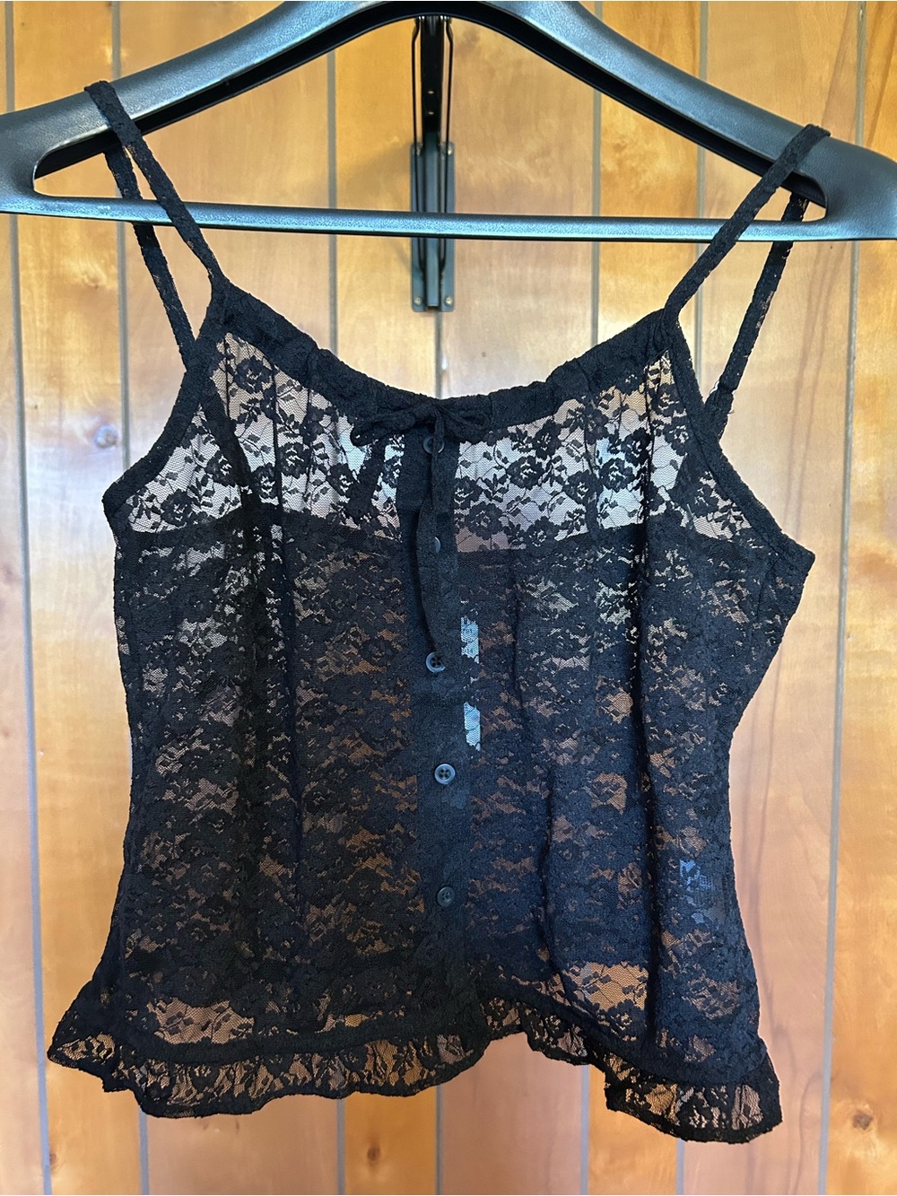 Brandy Melville Lace Tank‎ Women One Size Black NWT Sheer Button Front Ruffle - Picture 6 of 8
